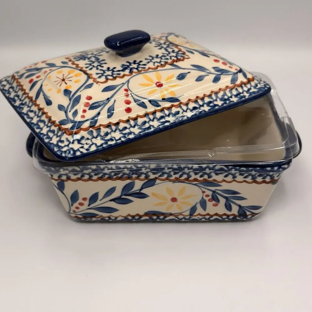 Sterling Home La Dolce Vita Covered Casserole Dish 1 Qt Blue Floral Stoneware